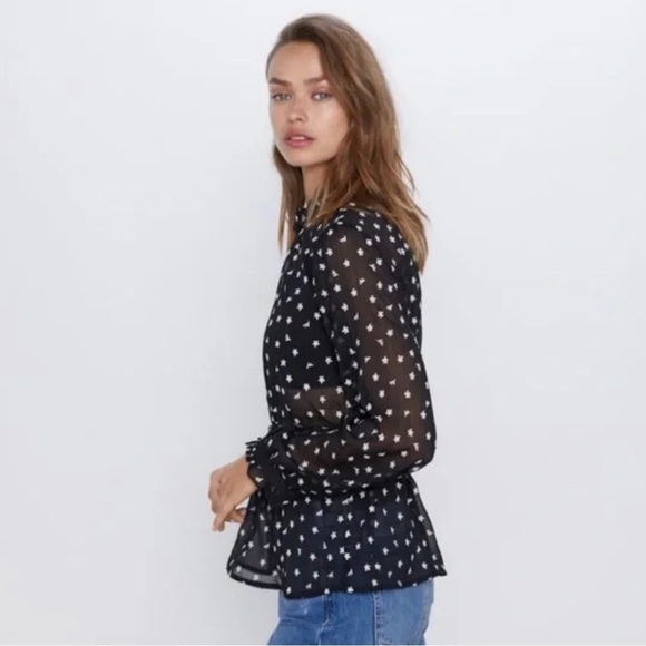 NWOT ZARA Black Sheer High Neck Ruffle Blouse XS - Picture 4 of 11